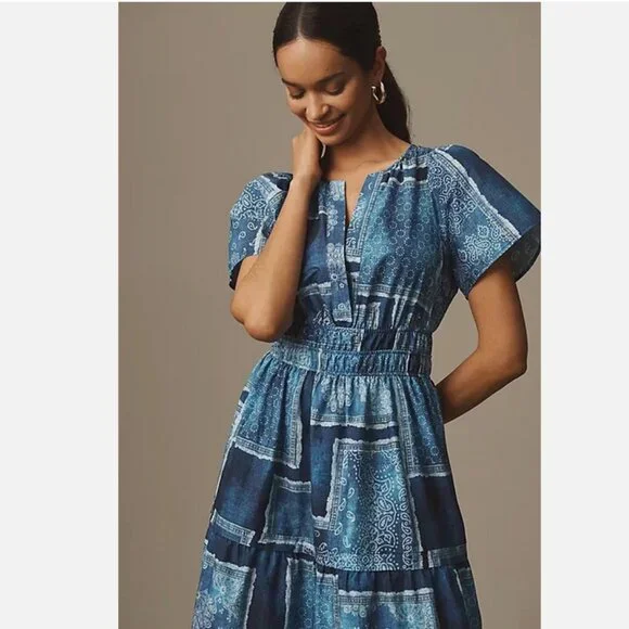 Anthropologie The Somerset Maxi Dress Cotton Bandana Patchwork Print Blue L NWT